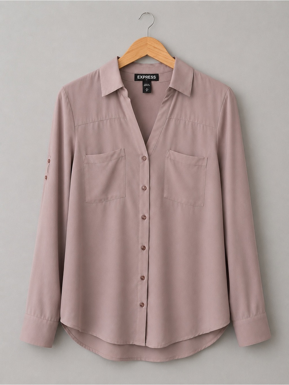 Express Portofino Pink Button Front Blouse Roll Tab Sleeves Small Petite